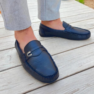 navy loafers wood floor 1