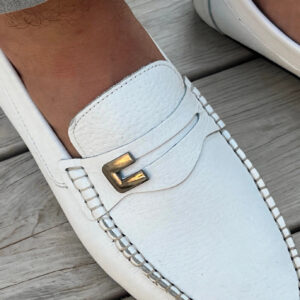 white loafer wood plank floor